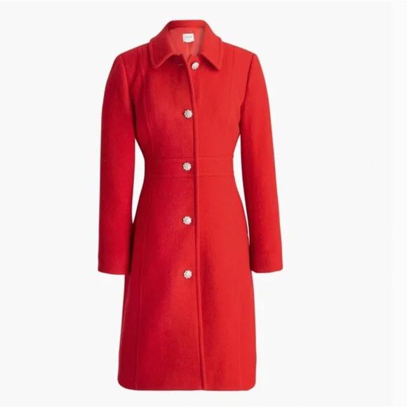 J Crew Coat Womens 00P Lady Day Jeweled Button Wood Blend Red Dress Long Peacoat - Picture 2 of 14